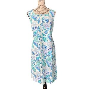 Sleeveless White Mini Dress with Blue-Green Paisley Print